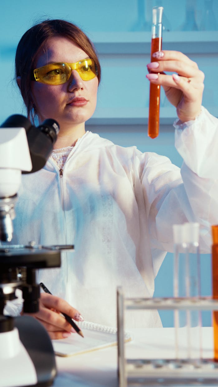 gallery-img-05 A female scientist in protective gear analyzing a test tube in a laboratory setting.